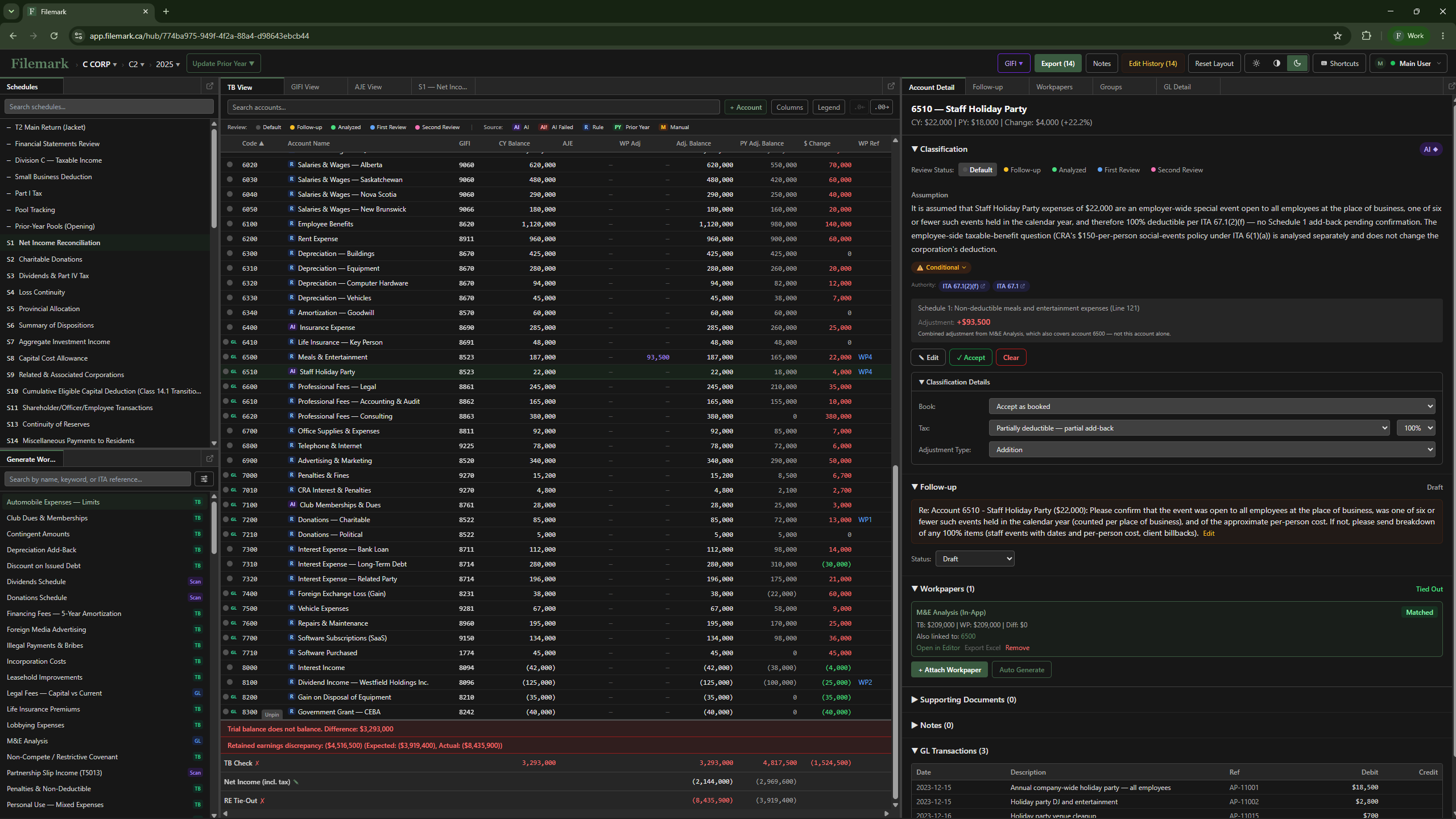 Filemark account detail panel (dark mode)